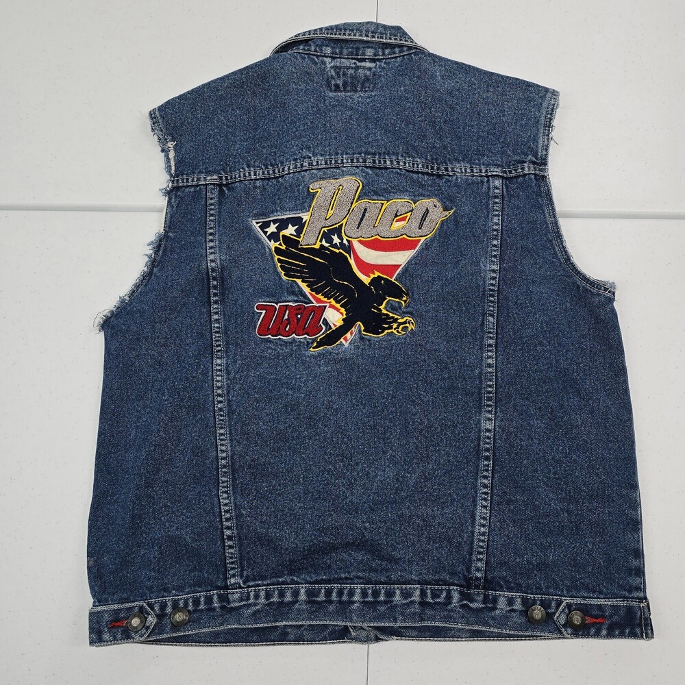 Vintage Y2K Paco USA Blue Denim Vest Jeans Hip Hop Baggy Streetwear Men XL Eagle